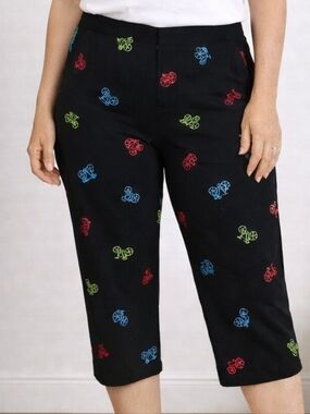 Coldwater Creek Black Capri Pants Multicolor Bicycle Print Stretch Size 14